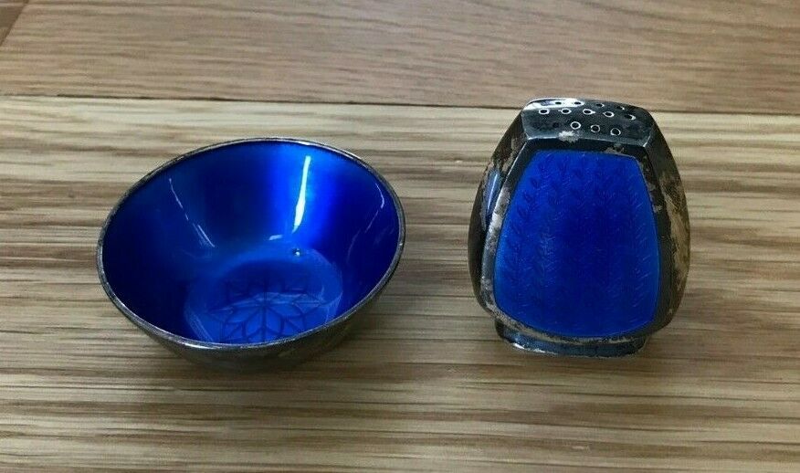 A. Michelsen (Denmark) Guilloche Sterling/Blue Enamel Salt Dish, Pepper Shaker