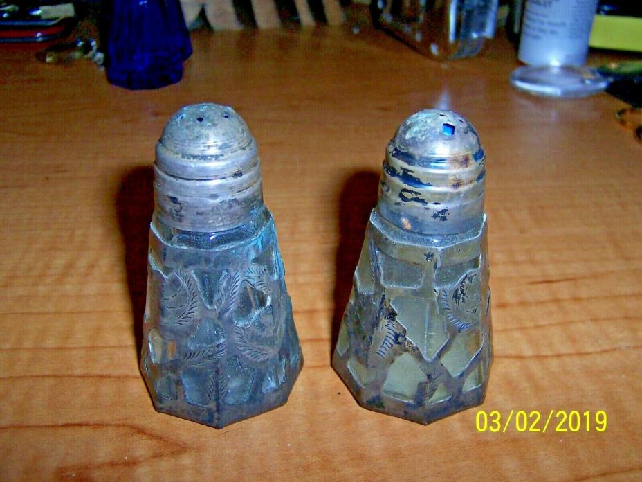 Vintage Glass With Sterling Silver Overlay Salt & Pepper Shakers