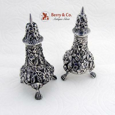 Repousse Floral Salt Pepper Shakers Footed Schofield Sterling Silver 1890