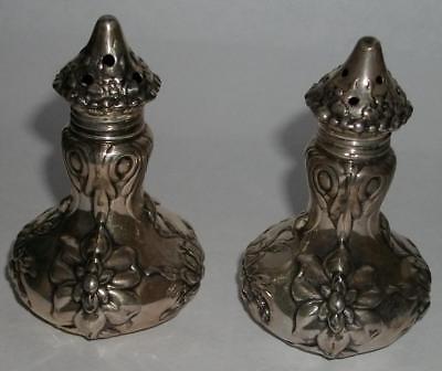 Antique Salt Pepper Shakers / 925 STERLING SILVER / ORNATE REPOUSSE FLOWERS