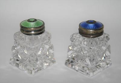 Vintage Norway Sterling Silver Guilloche Enamel Crystal Salt & Pepper Shaker Set