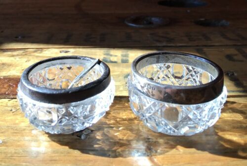 Antique Cut Glass Salt Cellars Bowls - Sterling Silver Rims And Spoon