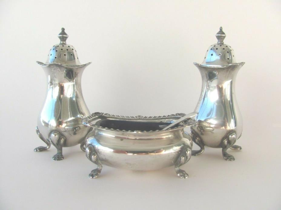 Birks Sterling Silver Paw Feet Salt & Pepper Shakers + Open Cobalt liner & Spoon