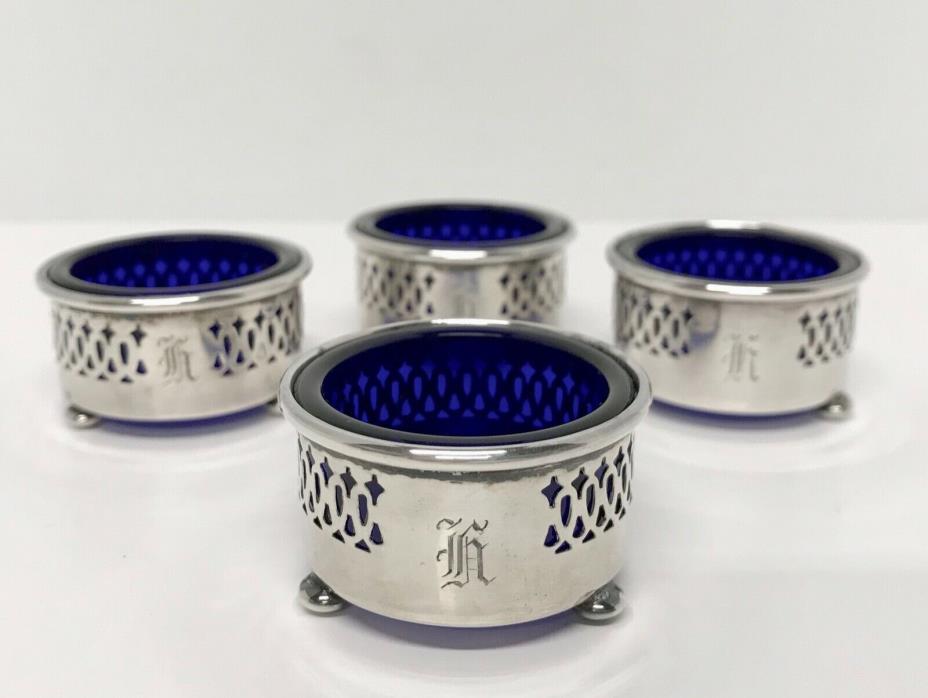 4 VTG/ANTQ PIERCED STERLING SILVER & COBALT GLASS FOOTED SALT CELLARS ~ Mono