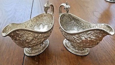 Tiffany Sterling Silver Pair Large GRAVY SAUCE BOAT Floral Repousse RAMS HEADS