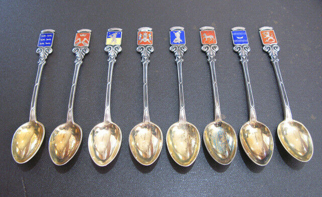 Vintage Finnish Set Of Eight Silver Enamel Souvenir Spoons Signed