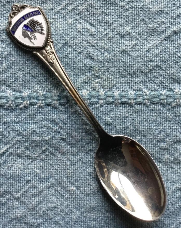 Vtg Antique Sterling Silver Souvenir Spoon w/ Enamel Indian - Watkins Glen NY