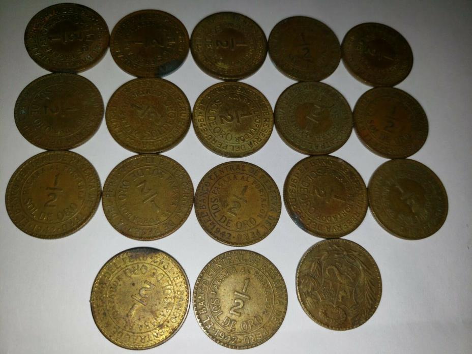 Peru Coin Collection, 18 Total Coins, 1942-44 1/2 Sol Coins