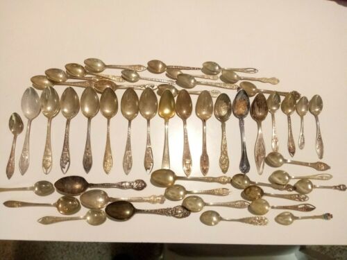 Vintage Antique Lot of 48 Souvenir Spoons Sterling Silver 573 grams