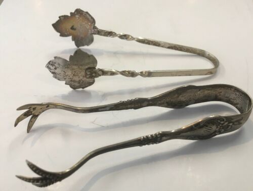 Sterling Maple Leaf & Claw Tongs (2) Vintage Original Patina