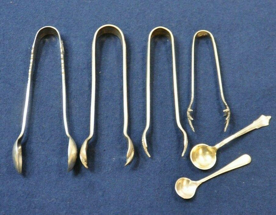 Lot of 4 Sterling Silver Sugar Tongs and 2 Sterling Salt Spoons (HEY)