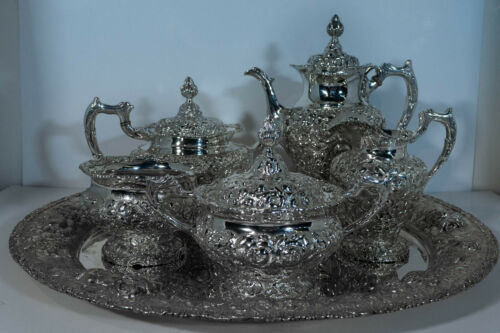 C. 1900 Stieff 800 series STERLING Repousse tea set, with 6pc