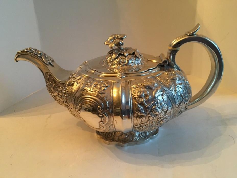 Antique Georgian Sterling Silver Irish Handchased Teapot S&G Dublin 1826