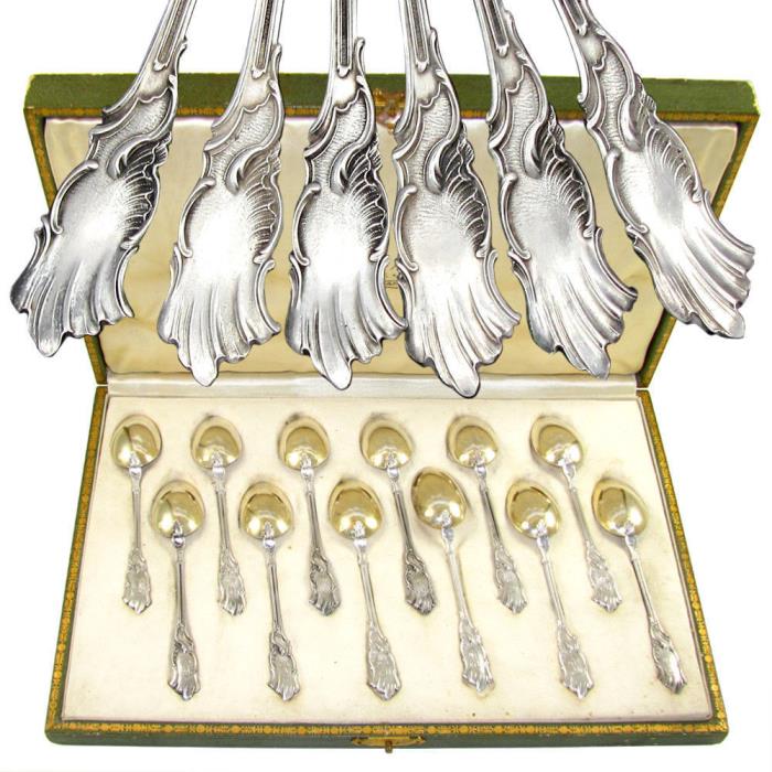 12 Antique French Sterling Silver Spoons, Dessert, Tea, Coffee Set