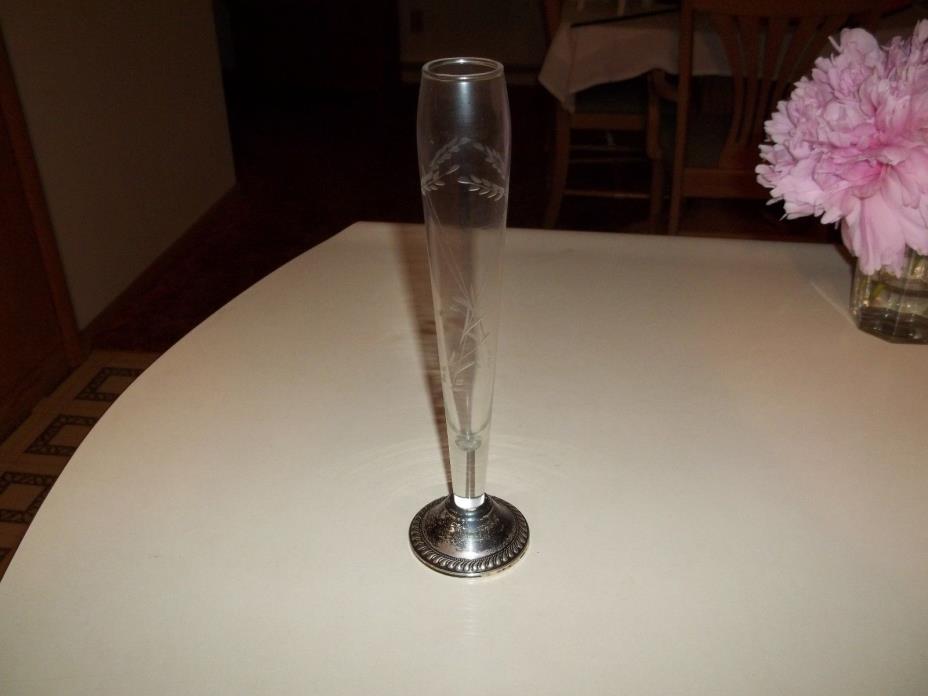 Dutchin Etched Tall Glass Vase With STERLING SILVER base 9 1/2