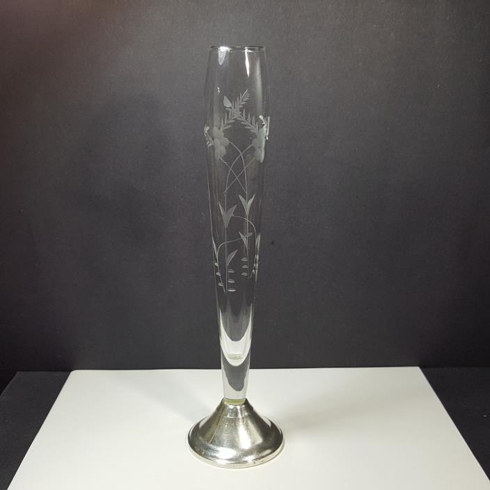 Duchin Creation Weighted Sterling Silver Etched Glass Bud Vase 9 7/8