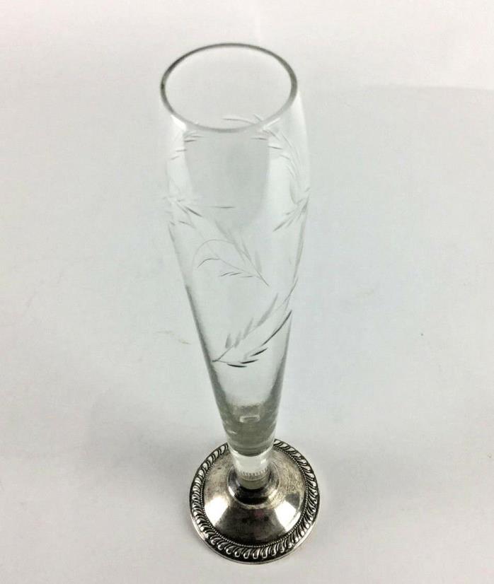 VTG Clear Crystal Etched Glass Single Stem Vase Sterling Silver Weighted Base