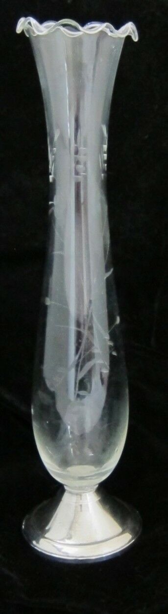 Duchin Creation  Etched Glass Ruffled Bud Vase w / weighted Sterling Silver Base