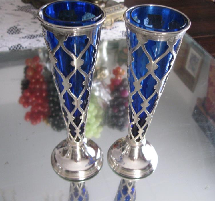 FABULOUS RARE PAIR  ATTENBOROUGH 1905 STERLING SILVER COBALT GLASS LINED VASES