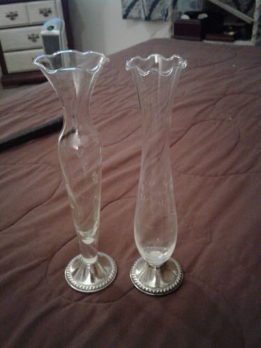 Vintage 2 DUCHIN STERLING Silver Weighted Base Etched Glass Bud Vases