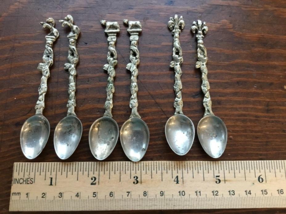 6 antique demitasse spoons 2 each horse fleur-de-lis lion or dog