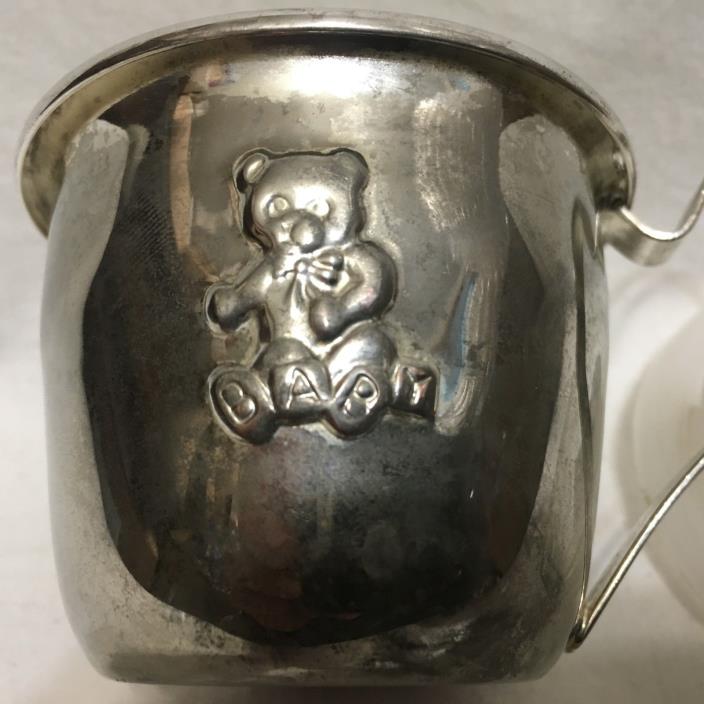 Vintage,Silver Teddy Bear Baby Cup with Lid, ABC blocks  !!!   S1