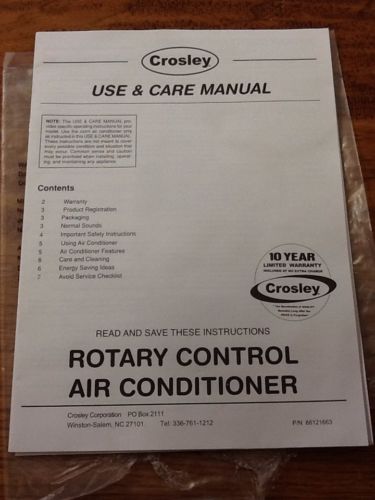 CROSLEY USE AND CARE MANUAL AND INSTALLATION INST ROTARY CONTROL AIR CONDITIONER