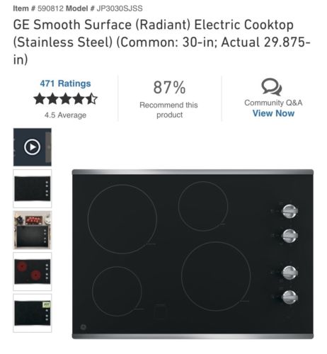 NEW GE ELECTRIC COOKTOP JP3030SJSS - 30 Inch Stainless Steel -Black SmoothTop