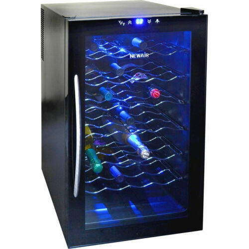 Blue Illuminated 28 Bottle Thermoelectric Wine Cooler, Black Refrigerator Cellar