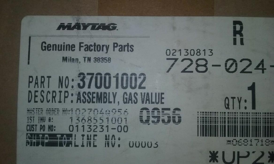 Maytag 37001002. Assembly Gas Valve. Genuine OEM. IN A++ condition.