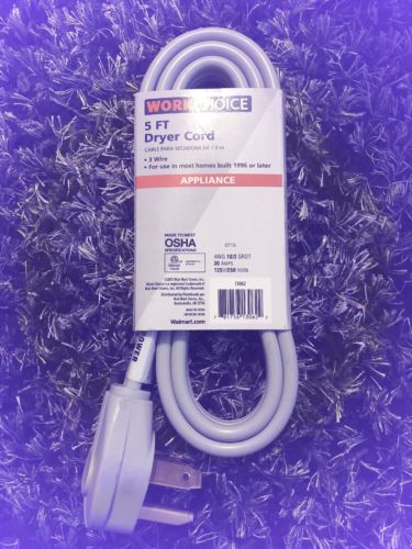 Work Choice 5' FOOT DRYER Appliance CORD, 30 AMP 3 Wire 3 PRONG NEW (Last 1!)