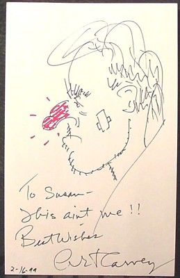 ART CARNEY DRAWING ORIGINAL SIGNED PURE WHITE CARD 8x5 ONE OF A KIND DATED