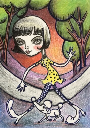 ACEO GIRL FASHIONISTA WITH DOG JOCELYN BULLOCK FINE ART HAND MADE DRAWING