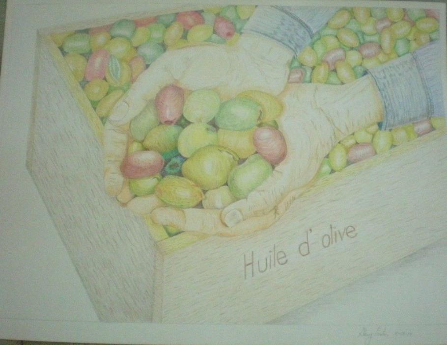 Original Artist Rendering of Handful of Olives With Wooden Crate