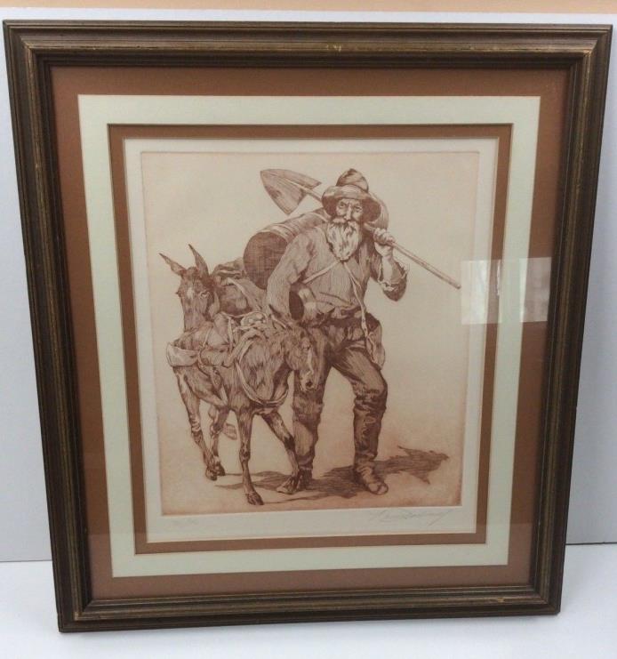 Framed Signed Numbered Drawing Print Old Gold Prospector w/Mules Donkeys Norma