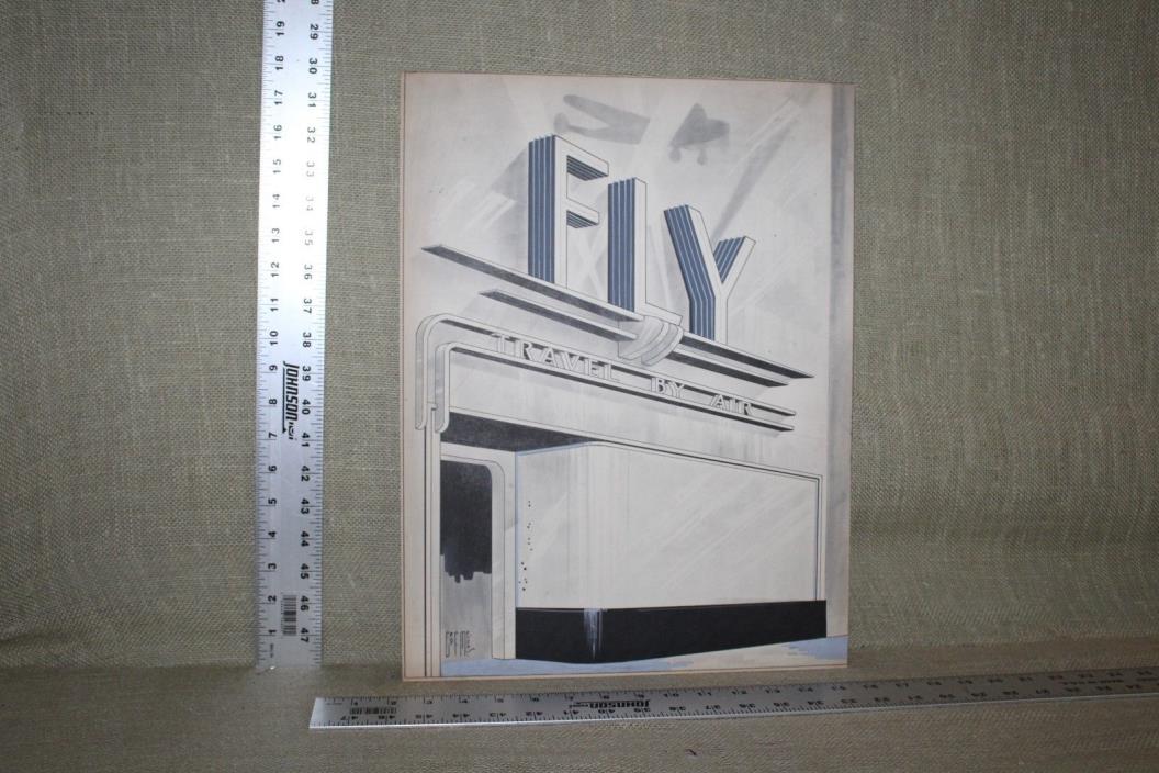 ORIGINAL 1930's FLY TRAVEL AGENT STORE PLANE  PORCELAIN SIGN CONCEPT ART