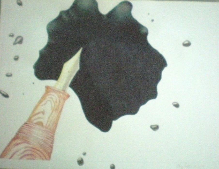 Original Artist Rendering of Pen and Ink Blot Colored Pencil Signed Dated