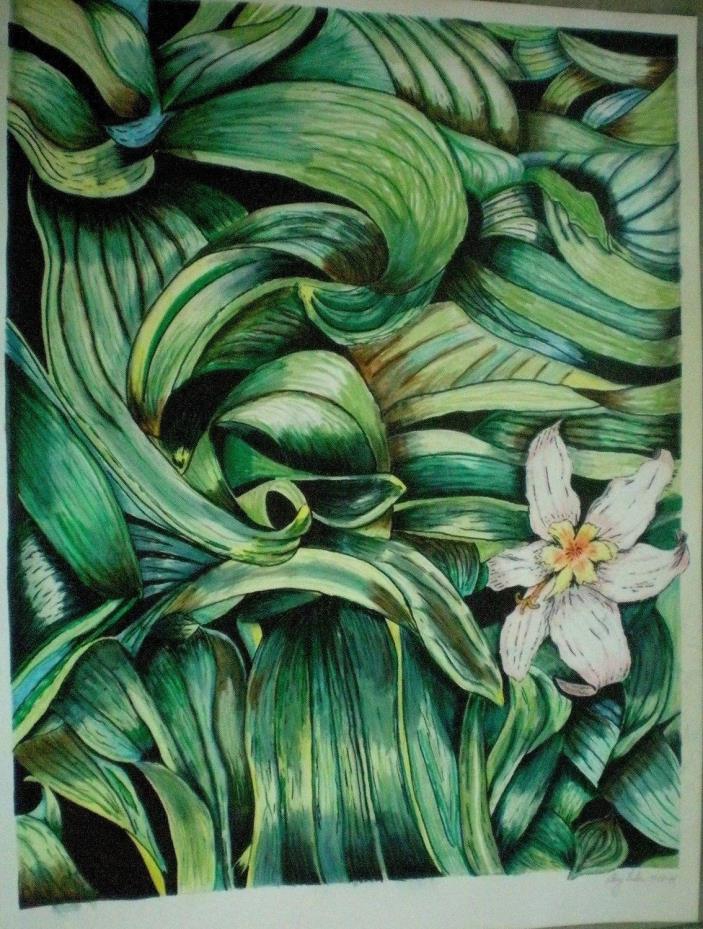 Art Work Original Artist Rendering Plant Foliage Hibiscus Colored Pencil Signed