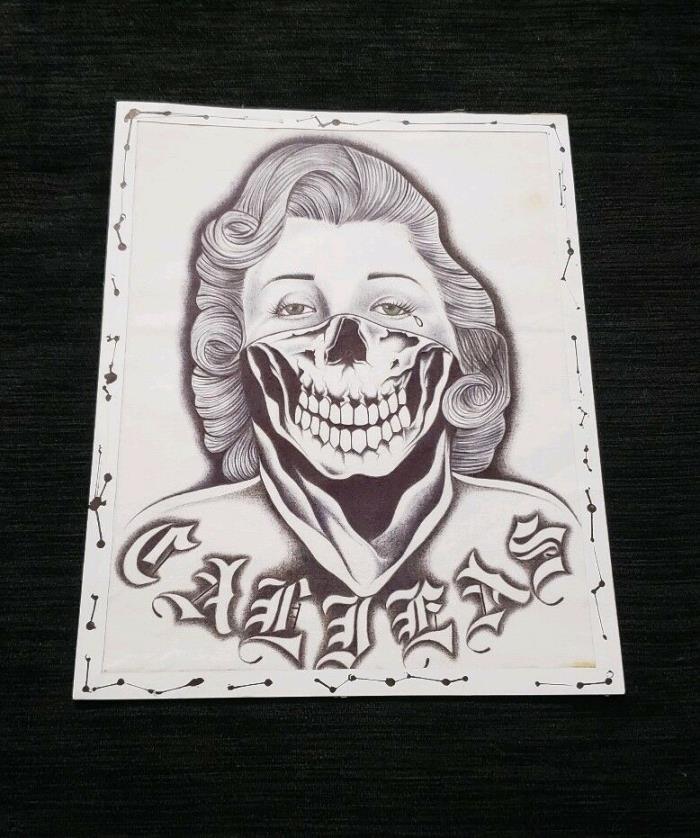 Prison Art Drawing on Handkerchief, Pen and Ink Art California Woman Skull Paño