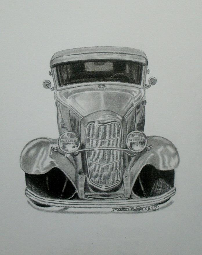1930 Ford 2 Door, Classic Car, Pencil  Drawing By N.E.Thompson, Original Artwork