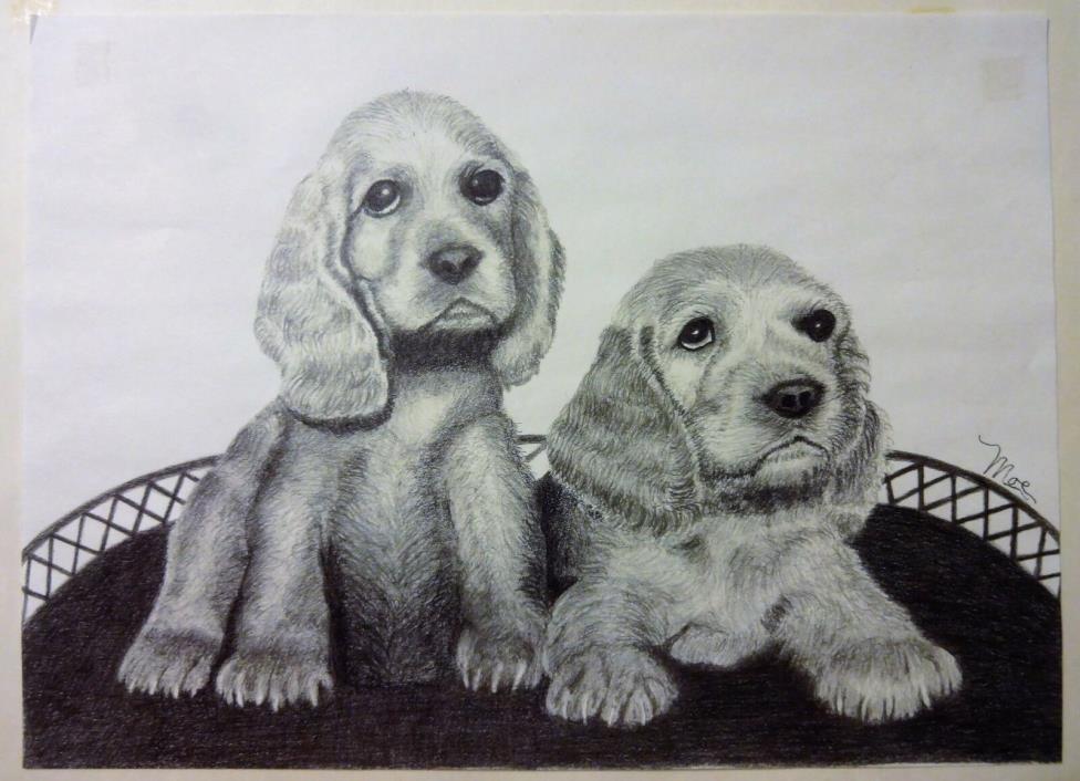 Original Graphite Drawing of 2 Puppy's Signed Moe 8