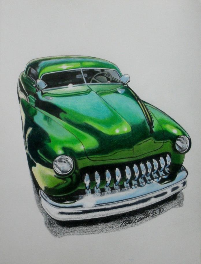 Green Mercury Lead Sled, Original Art, Realism, Car Drawing By N.E.Thompson