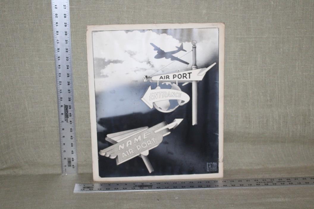 ORIGINAL 1930's AIRPORT ENTERANCE FLYING PLANE PORCELAIN SIGN CONCEPT ART