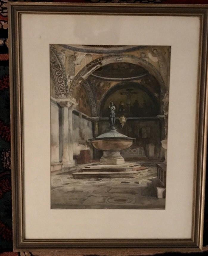 ANTIQUE ORIGINAL WATERCOLOR W.K. FELLOWS SIGNED FRAMED PAINTING FOUNTAIN VF+