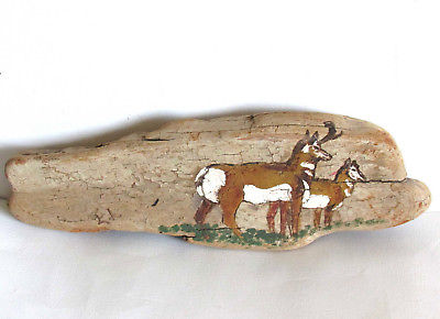 Hand Painted Antelope on Missouri River Driftwood Vintage Folk Art 11.5