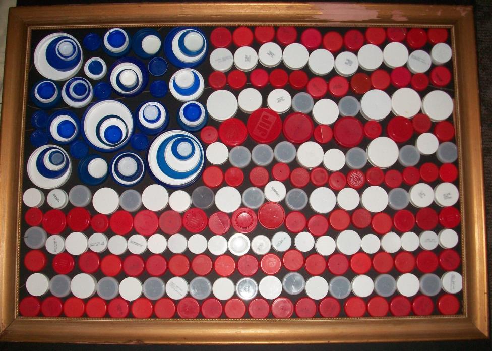 US Flag from plastic bottle tops folk art stars & stripes America Red White Blue
