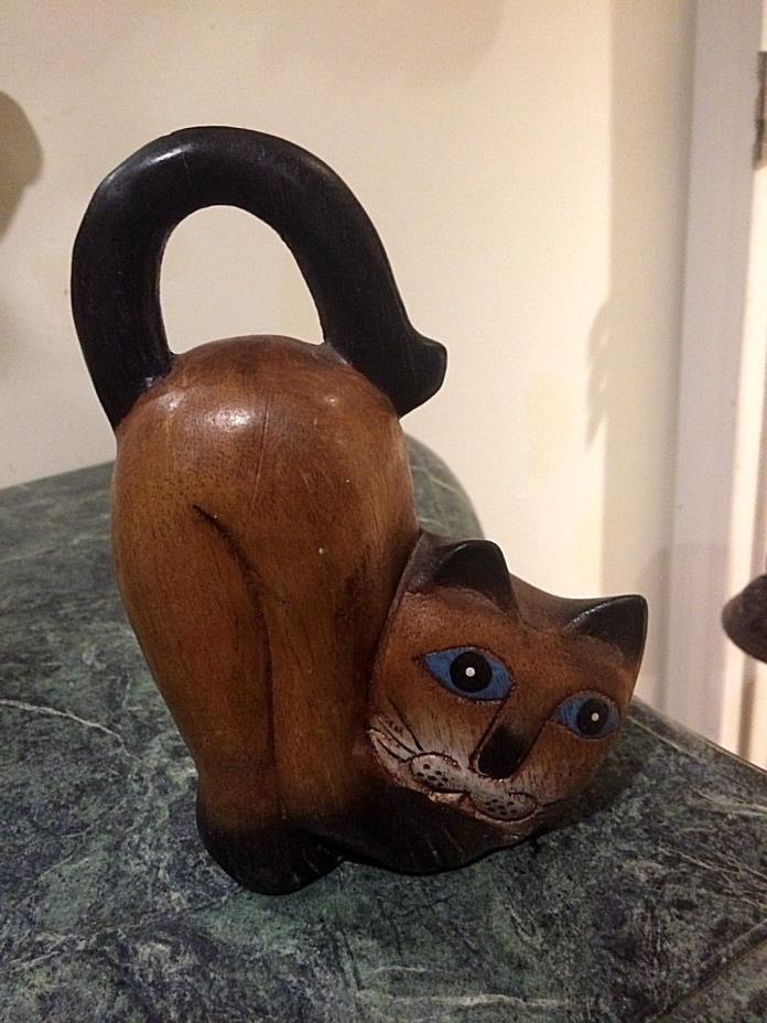 Hand Painted Carved Wood Folk Art Cat Figurine