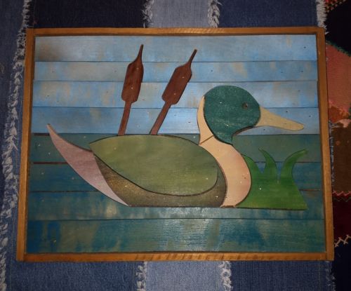 1982 Stanu Stana signed numbered Folk Art Cut Wood Marquetry Mallard Duck