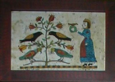 Fraktur-'Woman with Bird and Wreath' American Folk Art, Collectible, Affordable