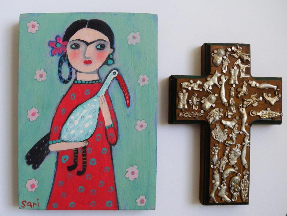 Folk Art Painting of Frida Kahlo plus Milagro Mexican Cross